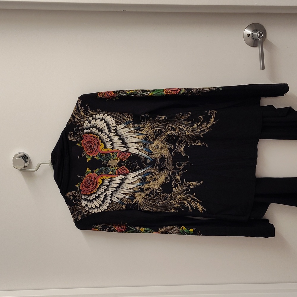 Floral Print 🌹 High-low Black Women's Sweater With 🌹 Rose Print And Angel Wing